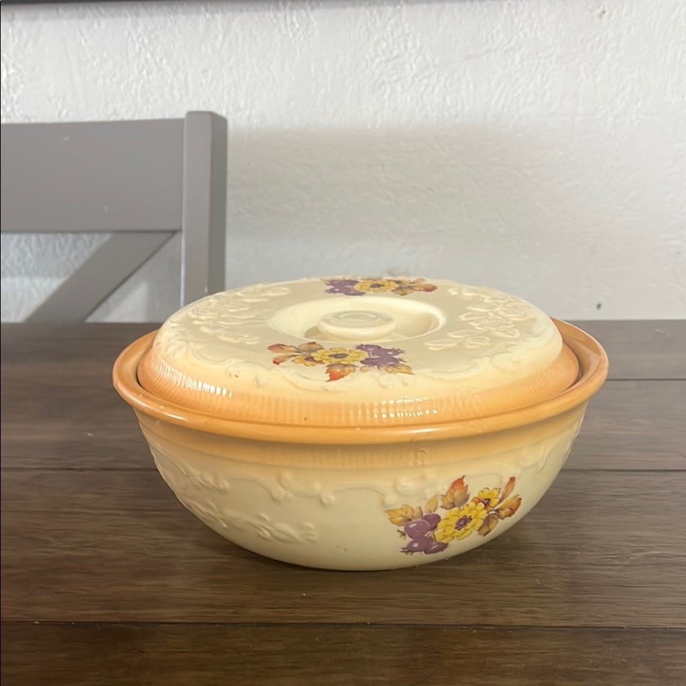 Vintage Oven Serve Covered Bowl – Floral Embossed Stoneware – Made in USA
